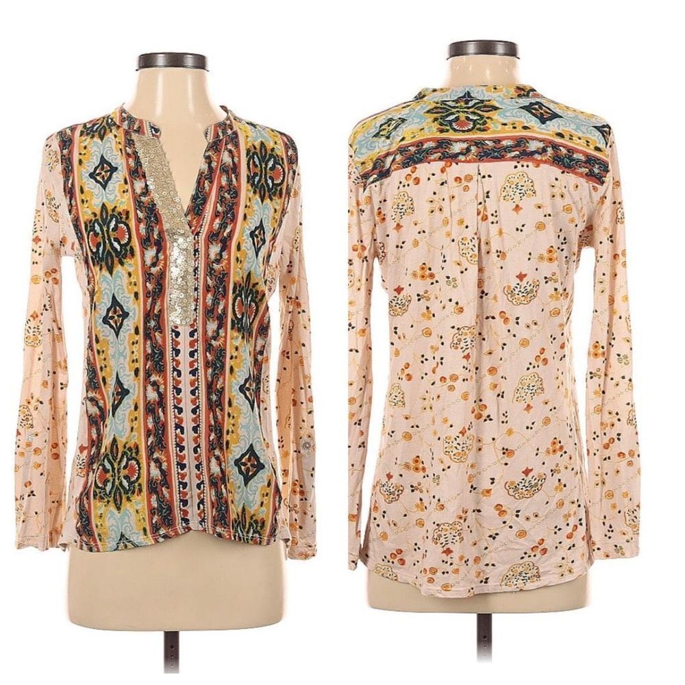 Anthropologie Tiny Boho Devas Sequin Top Printed Casual Roll-Cuff Multi S
